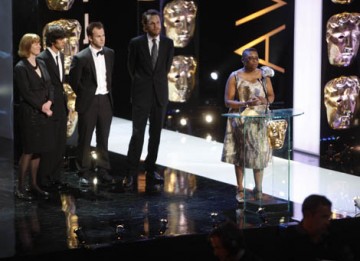 Producer Pier Wilkie, director Otto Bathurst, writer Peter Moffat and actor Ben Wishaw accept the Drama Serial award for Criminal Justice (BAFTA / Marc Hoberman).