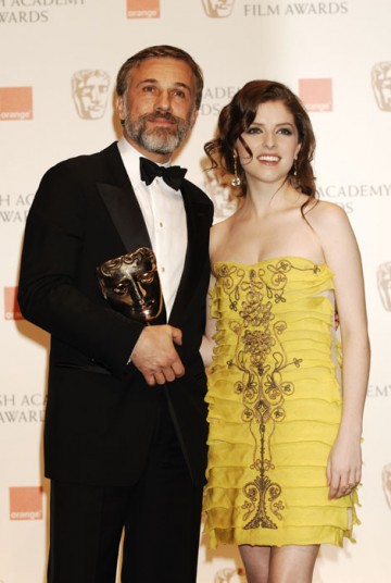 Winner of the Supporting Actor category, Christoph Waltz stands with Supporting Actress nominee Anna Kendrick (BAFTA/Richard Kendal).