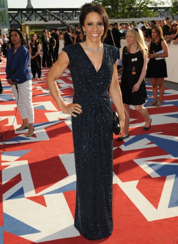 The double Olympic Gold Medal winning athlete will present the Sport & Live Event award alongside triple jumper Jonathan Edwards. She wears a dress by Bruce Oldfield