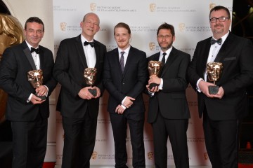 The BAFTA for Sound: Fiction was awarded to John Mooney, Douglas Sinclaire, Howard Bargroff and Paul McFadden for Sherlock, and presented by Adam Nagaitis (centre).