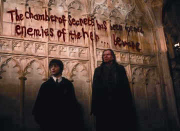 Harry and Hogwarts caretaker Argus Filch (played by David Bradley) enter the Chamber of Secrets in this key scene.