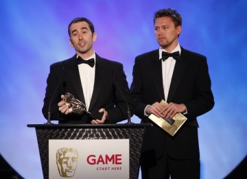 Evan Wells and Christophe Balestra make their acceptance speech after winning the Original Score category for Uncharted 2: Among Theives (BAFTA/Brian Ritchie)