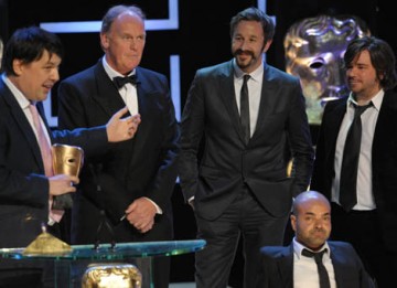 The IT Crowd cast members Chris O'Dowd (Roy) and Matt Berry (Reynholm) joined Graham Lineham, Richard Boden and Ash Atella on stage to accept the Situation Comedy award (BAFTA / Marc Hoberman).