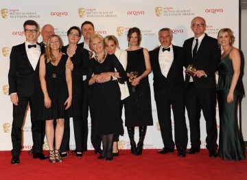 The Features BAFTA was won by The Great British Bake Off. The winning team (including presenters Sue Perkins and Mel Giedroyc and judges Mary Berry and Paul Hollywood) are pictured here with award presenters Gareth Malone and Joanne Froggatt.