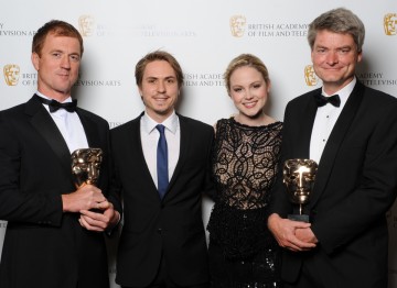 The camera team for Frozen Planet (To The Ends of the Earth)  pick up the BAFTA for Photography: Factual. They show off their Awards alongside Award presenters Joe Thomas and Kimberly Nixon.
