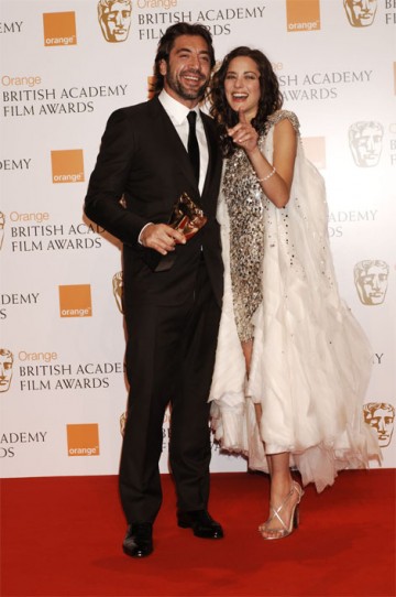 Javier Bardem, who collected the Supporting Actor award for his role in No Country For Old Men, with Marion Cotillard (pic: BAFTA / Richard Kendal)