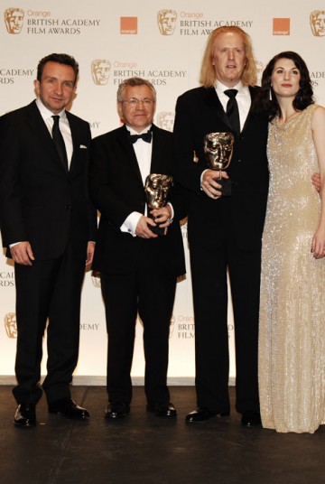 Ray Beckett and Paul N. J. Ottosson celebrate winning the award for Sound and Editing for The Hurt Locker with presenters Eddie Marsan and Jodie Whittaker (BAFTA/Richard Kendal).