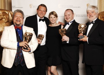 The Wallander team, including Bosse Persson, Lee Crichlow, Iain Eyre and Paul Hamblin, celebrate their Sound Fiction / Entertainment win with actress Jodie Whittaker (BAFTA / Richard Kendal).