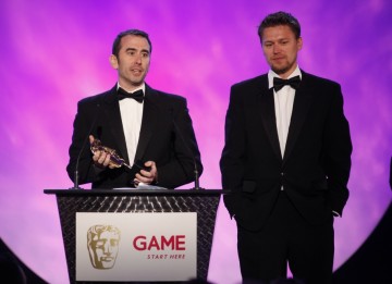 Evan Wells and Christophe Balestra brave the stage one more time to pick up the fourth award of the evening for Uncharted 2: Among Thieves, this time for Story (BAFTA/Brian Ritchie)