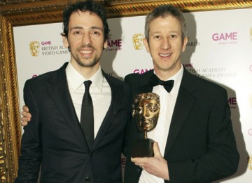 Actor Ralph Little presents EA's Keith Ramsdale with the Sports BAFTA for footballing favorite FIFA 10 (BAFTA/Steve Butler).
