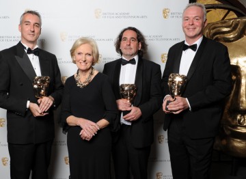 The winning team of the Editing Factual Award, for Frozen Planet (To The Ends Of The Earth) with food writer and star of Great British Bake Off Mary Berry 