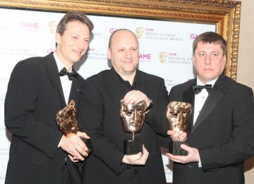David Cage, Guillaume de Fondaumiere and  Scott Johnson, whose work on the dramatic noir-esque thriller was praised by the jury for its eye-catching visuals and clever, engaging technical design. (Pic: BAFTA/Steve Butler)