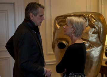 Helen Mirren talks with Jeremy Irons at the BAFTA Fellowship lunch hosted by Hacket.