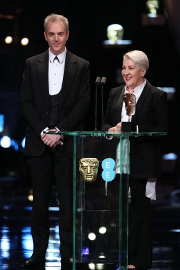 Damian Martin and Lesley Vanderwalt accept their BAFTA award for Make Up & Hair for Mad Max: Fury Road