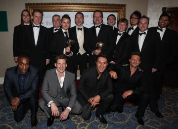 Presenters Blue with the winning team behind the hugely popular social multiplayer. (Pic: BAFTA/Steve Butler)