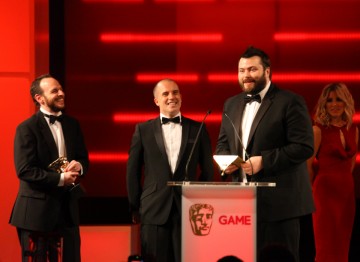 Sefton Hill and Paul Crocker pick up the Performer BAFTA on behalf of Mark Hamill, who won for his performance as The Joker in Batman: Arkham City.