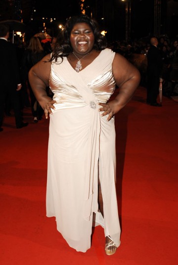 Dazzling in her long gold Tadashi dress, Gabourey Sidibe appears to be living the dream of her character in Precious, for which she has been nominated for the Leading Actress award (BAFTA/Richard Kendal).