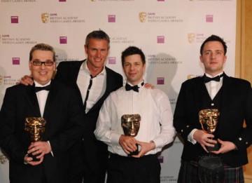 Gavin Raeburn, Clive Moody and Ralph Fulton received the Sport Award for Race Driver: GRID from Olympic swimmer Mark Foster (BAFTA / James Kennedy). 