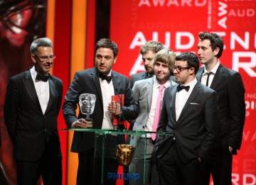 The cast and writers of the hit Channel 4 comedy The Inbetweeners collect the YouTube Audience Award. (BAFTA/Steve Butler)