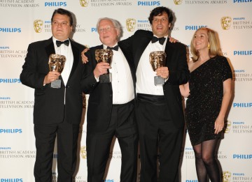 Anthony Geffen, David Attenborough and Sias Wilson, the winning team behind Flying Monsters 3D, which brings the prehistoric world to life. (Pic: BAFTA/Richard Kendal)