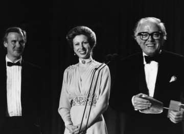 Richard Attenborough and Timothy Burrill, Academy Chair with HRH The Princess Royal, Academy President having received the fellowshiop at the Film and Television Awards in 1983. 