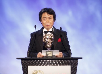 Shigeru Miyamoto, the man behind such classic games as Mario Bros, Donkey Kong, The Legend of Zelda, Nintendogs and Wii Music makes his acceptance speech for the prestigious Academy Fellowship (BAFTA/Brian Ritchie)