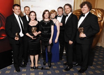 The Mill team - represented by Will Cohen, Marie Jojnes and David Hougton amongst others - celebrate their win in the Visual Effects category for Doctor Who (Fire Of Pompeii) (BAFTA / Richard Kendal).