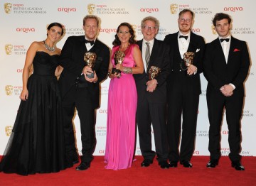 The team behind Borgen, including Adam Price, Sidse Babett Knuden, Kragh-Jacobsen and Jeppe Gjervig Gram, celebrate their win in the International category alongside presenters Vicky McClure and Sam Claflin.
