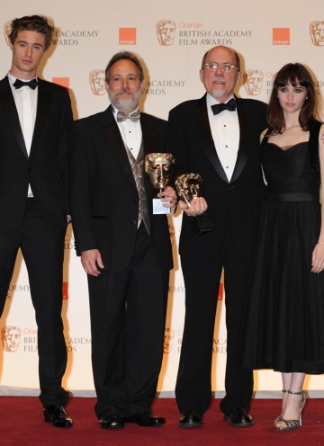 Citation readers Max Irons (l) and Felicity Jones with Sound winners Ed Novick and Richard King. (Pic: BAFTA/Richard Kendal)