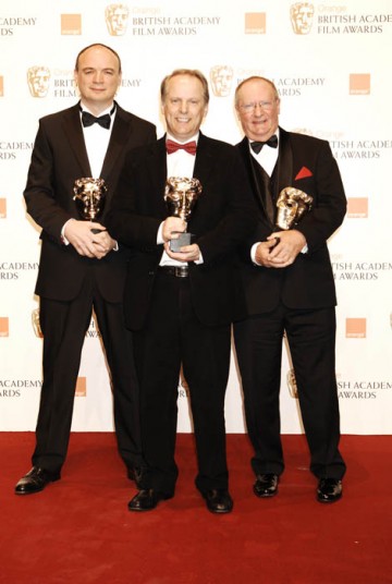 Nick Park, Bob Baker and Steve Pegrum collect the Best Short Animation for Wallace & Gromit: A Matter Of Loaf & Death.