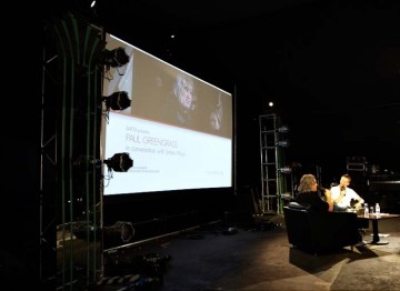 July 17: Simon Mayo on stage with Paul Greengrass (Picture: Jonathan Birch)