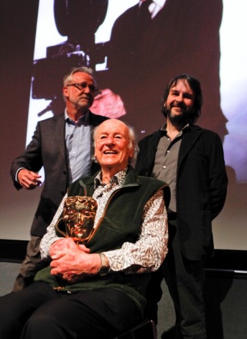 Tony Dalton, Ray Harryhausen with his award, and  Peter Jackson on stage after the event (BAFTA/Brian J Ritchie).