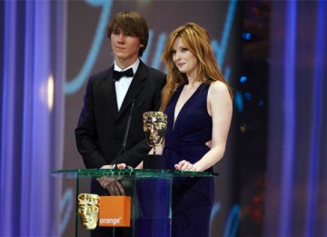 There Will Be Blood star Paul Dano and actress Kelly Reilly onstage to present the Awards for Sound and Editing (pic: BAFTA / Camera Press)