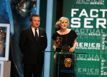 Actor Eddie Marson and actress Lesley Sharp present the BAFTA for Factual Series. (BAFTA/Steve Butler)