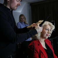 BAFTA Chair Anne Morrison has her hair styled by a Charles Worthington stylist backstage ahead of the EE British Academy Film Awards nominations announcement on 9 January 2015