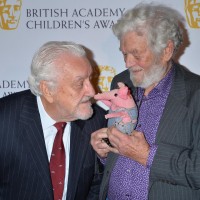 God only nose what legendary performer Bernard Cribbins is saying to this visiting Clanger, held by their creator Peter Firmin