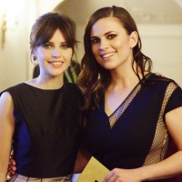 Leading Actress nominee Felicity Jones and Animated Film presenter Hayley Atwell backstage in the J. Kings Smoking Room at London's Royal Opera House.
