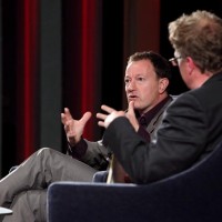 Simon Beaufoy talks with writer and journalist Matthew Sweet at the Lecture. (Photography: Jay Brooks)