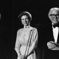Richard Attenborough and Timothy Burrill, Academy Chair with HRH The Princess Royal, Academy President having received the fellowshiop at the Film and Television Awards in 1983. 