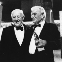 Sir Alec Guinness (left) celebrates receiving the Academy Fellowship with Sir David Lean in 1989.