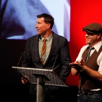 Seamus Walsh and Mark Caballero on stage at the Harryhausen tribute at the BFI (BAFTA/Brian J Ritchie).