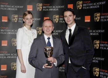Academy Chairman David Parfitt with Romola Garai and Matthew Goode at the Film Awards Nominations Press Conference.