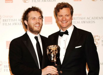 Duncan Jones celebrates with actor Colin Firth after winning the Outstanding Debut by a British Writer, Director of Producer Award for his sci-fi adventure Moon (BAFTA/Richard Kendal)
