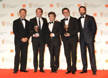 Presenters Hugh Jackman and Russell Crowe with producer Thomas Langmann.
