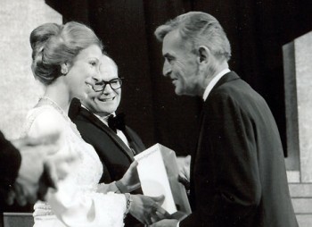 David Lean being presented with an Award by Princess Anne at the Film and Television Awards in the Royal Albert Hall on 6 March 1974. Sir Sidney Samuelson looks on.