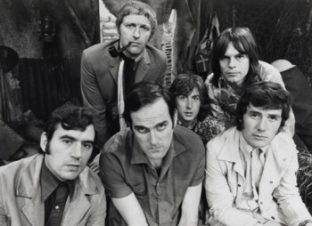 The Monty Python Troupe (1969) - Top Row (l to r): Graham Chapman, Eric Idle, Terry Gilliam; Bottom Row (l to r): Terry Jones, John Cleese, Michael Palin.