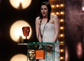 Star of the Twilight Saga Kristen Stewart accepts her award as the Orange Rising Star, as voted by the British public (BAFTA/Brian Ritchie). 