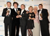 Writer Mark Gatiss, actors Benedict Cumberbatch and Martin Freeman, producers Sue Vertue and Beryl Vertue and writer Steven Moffat. (Pic: BAFTA/Richard Kendal)