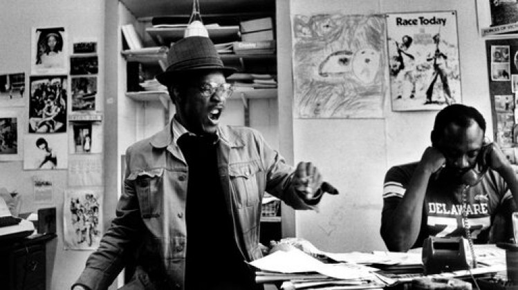 Photo of Linton Kwesi Johnson (LKJ) and Darcus Howe at the Race Today office on Railton Road Brixton -  1979