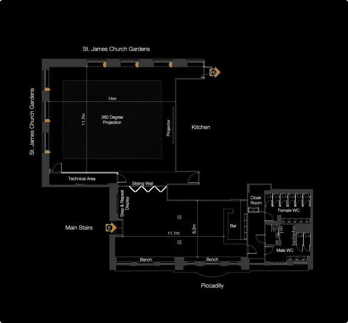 A floorplan of the Ray Dolby Room in 195 Piccadilly.